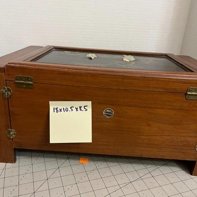 Vintage Asian-Inspired Wooden Jewelry Box with Inlaid Panels