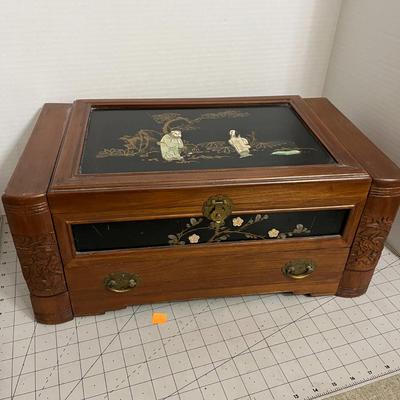 Vintage Asian-Inspired Wooden Jewelry Box with Inlaid Panels