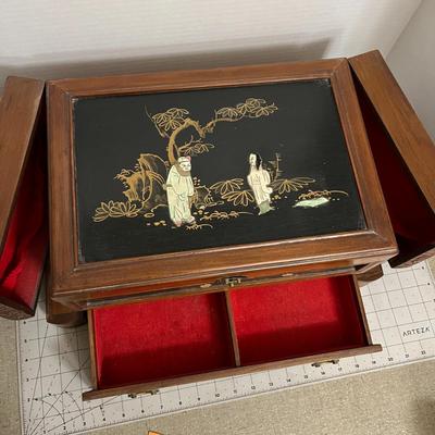 Vintage Asian-Inspired Wooden Jewelry Box with Inlaid Panels