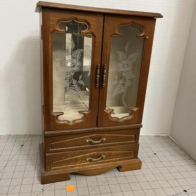 Vintage Wooden Jewelry Armoire with Etched Glass Doors and Drawers