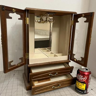 Vintage Wooden Jewelry Armoire with Etched Glass Doors and Drawers