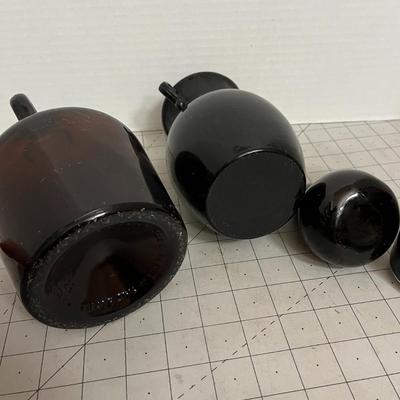 Glass Vessel Trio – Brown Jug, Black Vase, and Gourd-Shaped Bottle or Lid