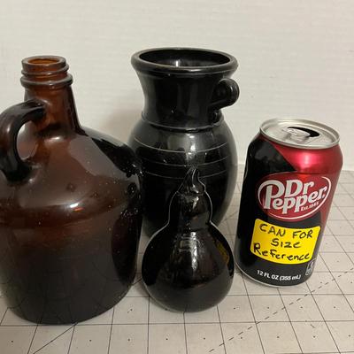 Glass Vessel Trio – Brown Jug, Black Vase, and Gourd-Shaped Bottle or Lid