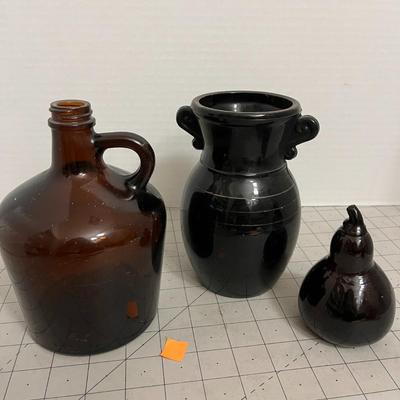 Glass Vessel Trio – Brown Jug, Black Vase, and Gourd-Shaped Bottle or Lid