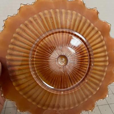 Vintage Marigold Carnival Glass Bowl with Ruffled Edge