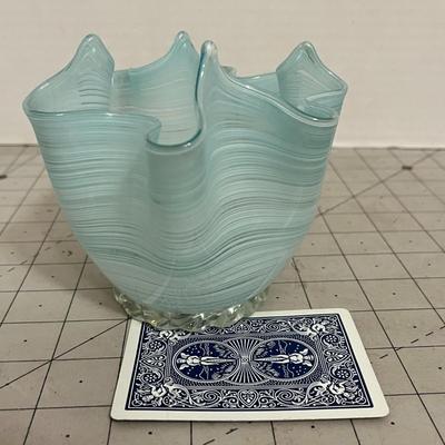 Hand-Blown Light Blue Swirl Art Glass Vase with Crimped Rim