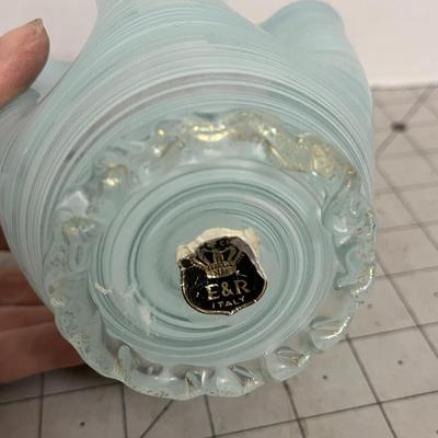 Hand-Blown Light Blue Swirl Art Glass Vase with Crimped Rim