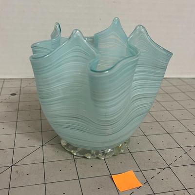Hand-Blown Light Blue Swirl Art Glass Vase with Crimped Rim