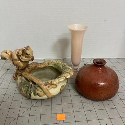 Trio – Squirrel Dish, Bud Vase & Glazed Pottery Vase