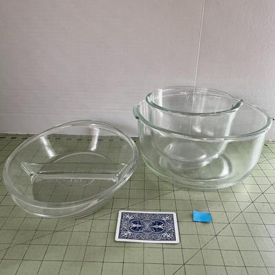 Set of 3 Vintage Glass Kitchen Pieces – 2 Bowls + Divided Serving Dish Glass-Bake