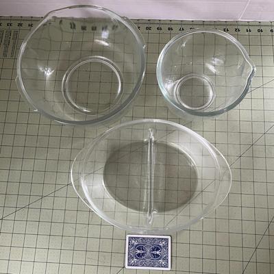 Set of 3 Vintage Glass Kitchen Pieces – 2 Bowls + Divided Serving Dish Glass-Bake
