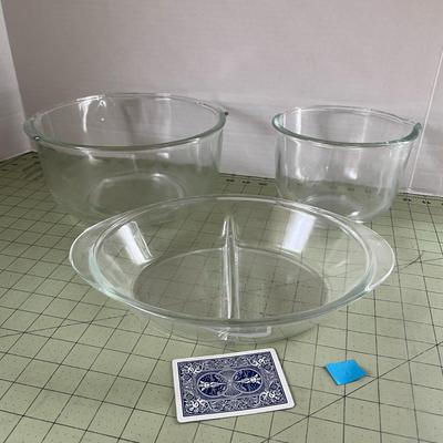 Set of 3 Vintage Glass Kitchen Pieces – 2 Bowls + Divided Serving Dish Glass-Bake