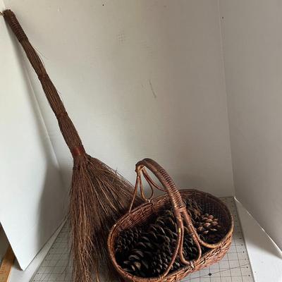Rustic Broom & Pinecone Basket