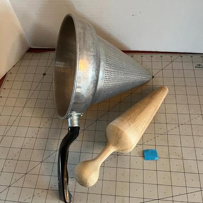 Vintage Metal Strainer & Pestle Canning Sieve
