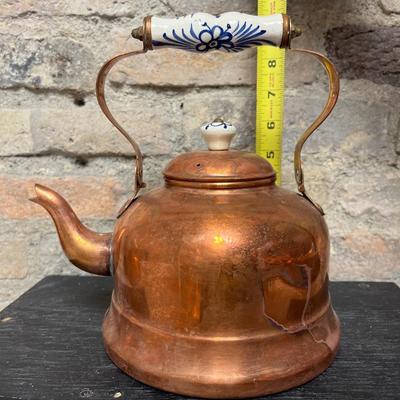 Sale Photo Thumbnail #227: Vintage copper pot with porcelain handle and lid knob, copper and brass teapot , and wooden-handled teapot - who got the Goonies reference???? :)