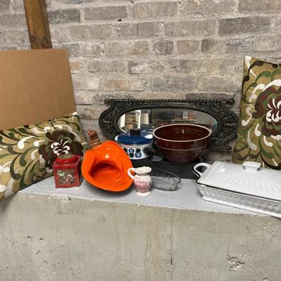 Sale Photo Thumbnail #230: So much to choose from! White Marcellus ironstone casserole -Appetit, brown stoneware USA mixing bowl, Universal pot with lid, vintage ceramic cornucopia, ironstone transferware creamer, Princess House olive canoe, red tea canister, black-framed plastic r