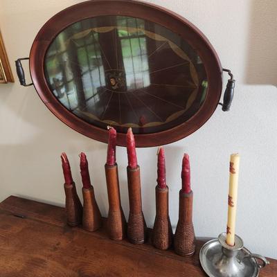 Vintage Spool Candle Holders & Serving Tray