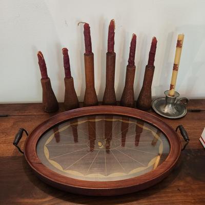 Vintage Spool Candle Holders & Serving Tray
