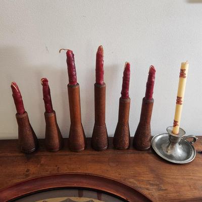 Vintage Spool Candle Holders & Serving Tray