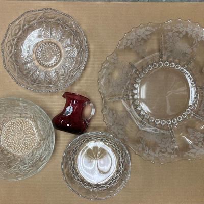 Sale Photo Thumbnail #255: Stunning flower basket console bowl, Near cut bowl, Princess House vegetable bowl, and Pilgrim cranberry optic creamer