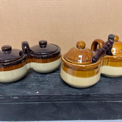 Sale Photo Thumbnail #267: Set of 4 measuring pitchers, lug, lidded pot, trio of condiment pots, two mustard pot duos, and set of salt & pepper shakers