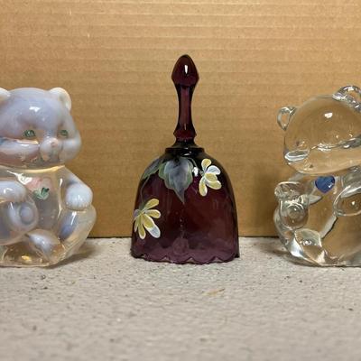 Sale Photo Thumbnail #279: Opal painted bear, 1996 plum mini bell, and September bear.