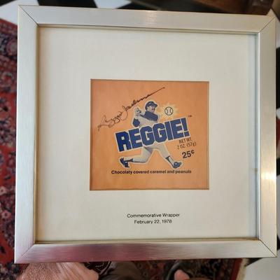 Framed Reggie Candy Wrapper signed by Reggie Jackson