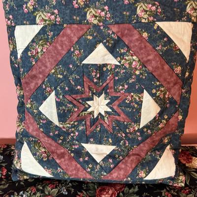 LOT 42X: Two Handmade Crafted Blankets & Pillow. Vintage Night Star Pattern Pillow With Black Background Peach/Pink Roses Floral Quilt