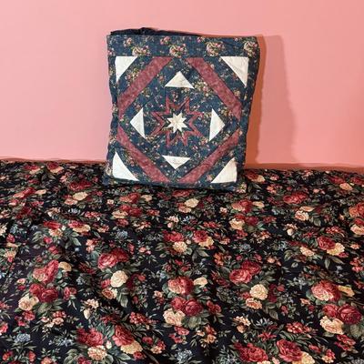 LOT 42X: Two Handmade Crafted Blankets & Pillow. Vintage Night Star Pattern Pillow With Black Background Peach/Pink Roses Floral Quilt