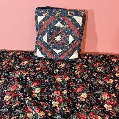 LOT 42X: Two Handmade Crafted Blankets & Pillow. Vintage Night Star Pattern Pillow With Black Background Peach/Pink Roses Floral Quilt