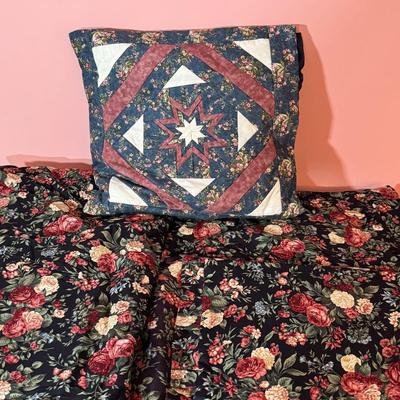 LOT 42X: Two Handmade Crafted Blankets & Pillow. Vintage Night Star Pattern Pillow With Black Background Peach/Pink Roses Floral Quilt