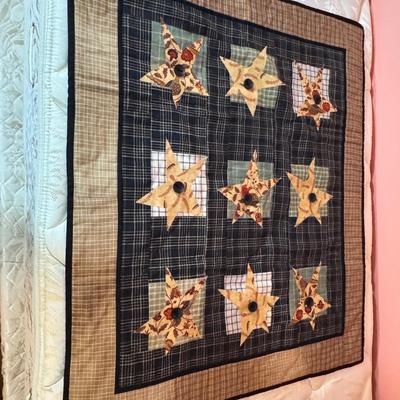 LOT 43X: 3 Vintage Hand-Crafted Quilts. Double Irish Chain Pattern, Repeating Star Pattern Against Dark Plaid Background & Stars...