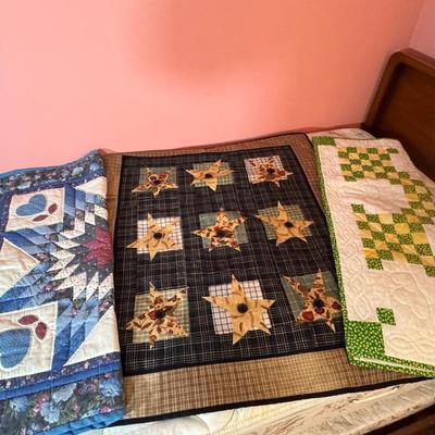 LOT 43X: 3 Vintage Hand-Crafted Quilts. Double Irish Chain Pattern, Repeating Star Pattern Against Dark Plaid Background & Stars...