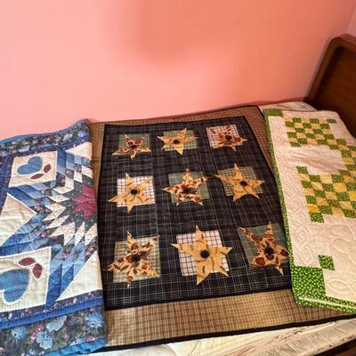 LOT 43X: 3 Vintage Hand-Crafted Quilts. Double Irish Chain Pattern, Repeating Star Pattern Against Dark Plaid Background & Stars...