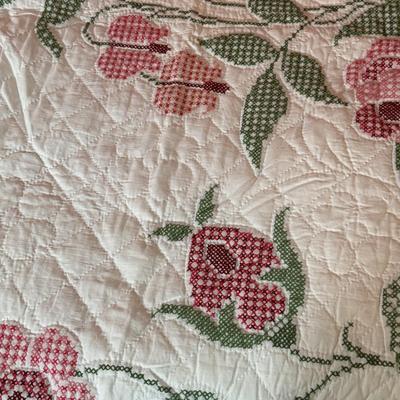 LOT 44X: Vintage Handcrafted Bed Quilt With Embroidered Pink Flowers & Green Leaves On White Background