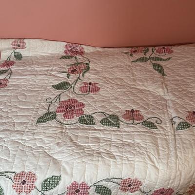 LOT 44X: Vintage Handcrafted Bed Quilt With Embroidered Pink Flowers & Green Leaves On White Background