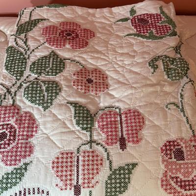 LOT 44X: Vintage Handcrafted Bed Quilt With Embroidered Pink Flowers & Green Leaves On White Background
