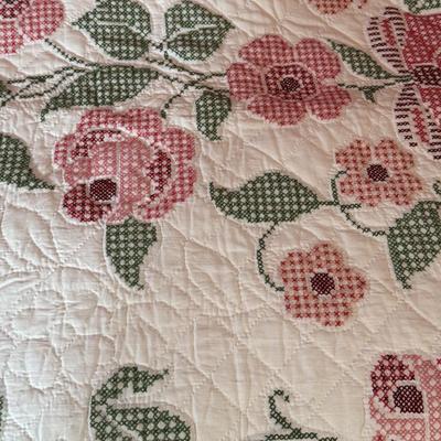 LOT 44X: Vintage Handcrafted Bed Quilt With Embroidered Pink Flowers & Green Leaves On White Background
