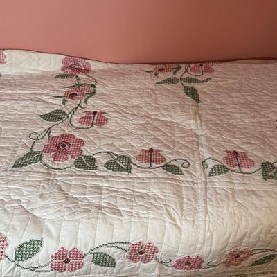 LOT 44X: Vintage Handcrafted Bed Quilt With Embroidered Pink Flowers & Green Leaves On White Background