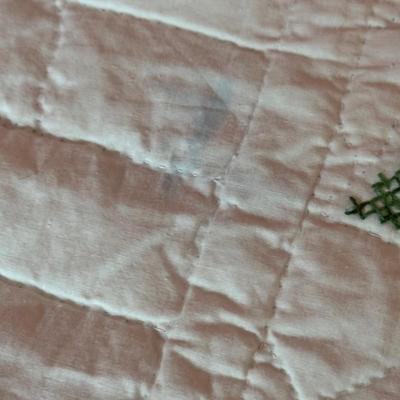 LOT 44X: Vintage Handcrafted Bed Quilt With Embroidered Pink Flowers & Green Leaves On White Background