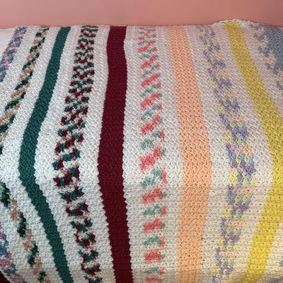 LOT 47X: Crocheted/Knitted Afghan Throws and Baby Bonnets and Sweater