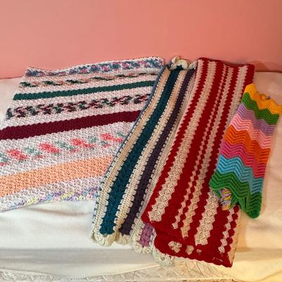 LOT 47X: Crocheted/Knitted Afghan Throws and Baby Bonnets and Sweater