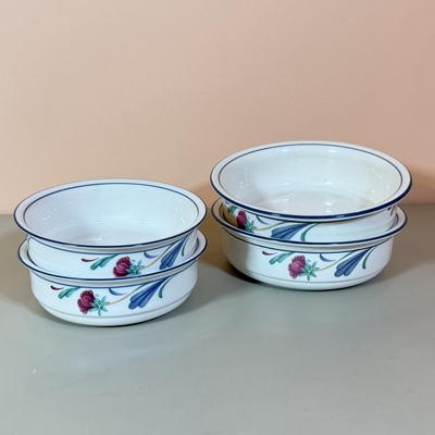 LOT 64K: Lenox Chinastone “Poppies on Blue” Plates (7), 2 sizes of Bowls (2 each) & Glass Mixing Bowls (2)