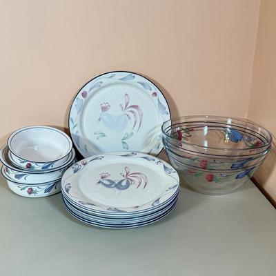 LOT 64K: Lenox Chinastone “Poppies on Blue” Plates (7), 2 sizes of Bowls (2 each) & Glass Mixing Bowls (2)