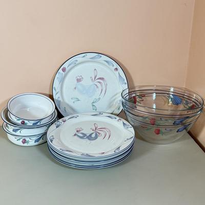 LOT 64K: Lenox Chinastone “Poppies on Blue” Plates (7), 2 sizes of Bowls (2 each) & Glass Mixing Bowls (2)