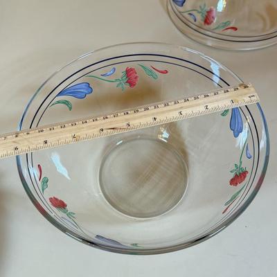 LOT 64K: Lenox Chinastone “Poppies on Blue” Plates (7), 2 sizes of Bowls (2 each) & Glass Mixing Bowls (2)
