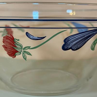 LOT 64K: Lenox Chinastone “Poppies on Blue” Plates (7), 2 sizes of Bowls (2 each) & Glass Mixing Bowls (2)