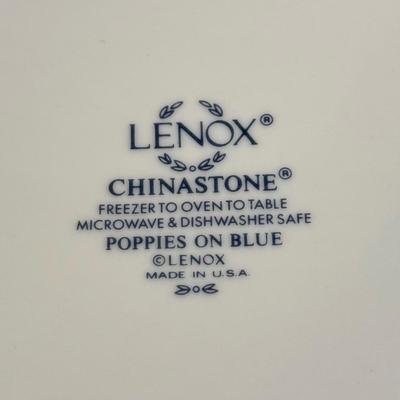 LOT 64K: Lenox Chinastone “Poppies on Blue” Plates (7), 2 sizes of Bowls (2 each) & Glass Mixing Bowls (2)