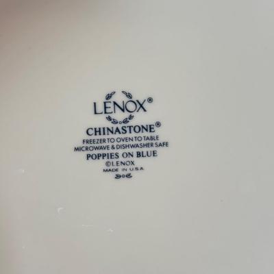 LOT 64K: Lenox Chinastone “Poppies on Blue” Plates (7), 2 sizes of Bowls (2 each) & Glass Mixing Bowls (2)