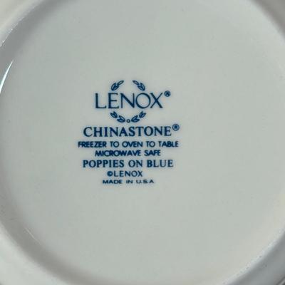 LOT 64K: Lenox Chinastone “Poppies on Blue” Plates (7), 2 sizes of Bowls (2 each) & Glass Mixing Bowls (2)